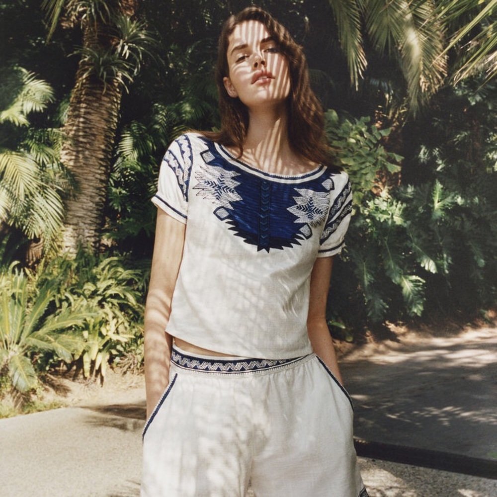 Maje white and blue embroidered 100% cotton top and shorts set, XS (FR 1, 34)